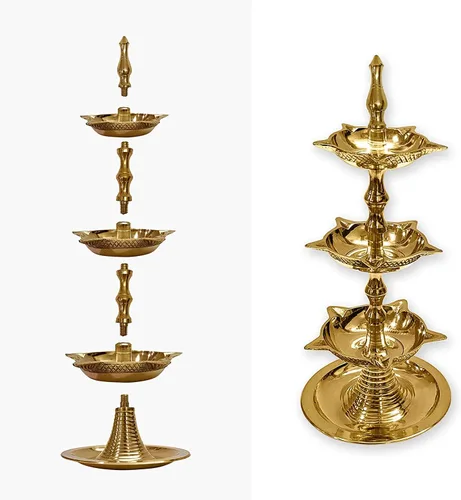 Vista 3 de SATVIK - 2 piezas de latón de pie Kerala Samai Diwali Deepak para Puja tradicional Panchmahal Pooja Deepam Diya lámpara de aceite Kutthu Vilakku Dia