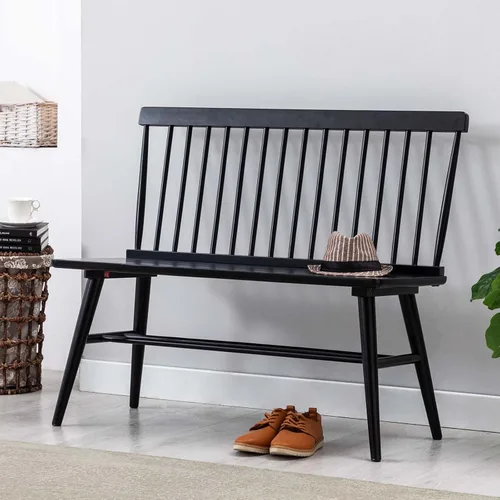 Vista 8 de DUHOME Banco de comedor de entrada con respaldo de husillo, banco Windsor de madera para vestíbulo, balcón, sala de estar, color blanco