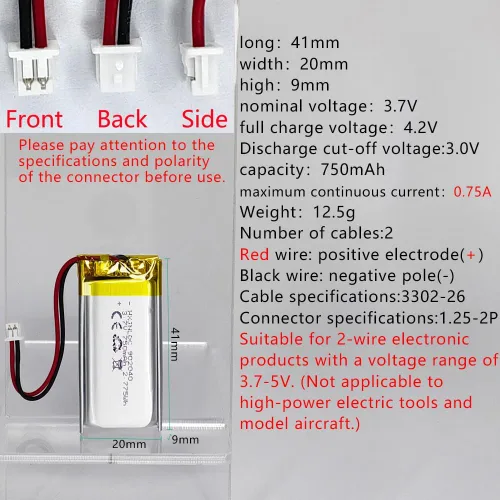Vista 2 de DC 3.7V 750mAh 902040 Batería recargable de polímero de litio, adecuada para productos electrónicos de bricolaje 3.7-5V con reemplazo de batería