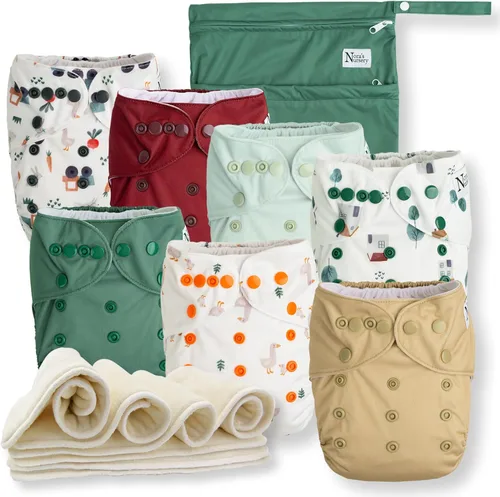 Vista 19 de Nora's Nursery Pañales de tela, paquete de 7 con 7 insertos y 1 bolsa húmeda, funda impermeable, lavable, reutilizable y pañales de bolsillo