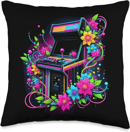 Retro 80s Floral Arcade Machine Vector Throw Pillow