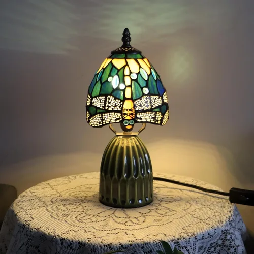 Vista 11 de Tiffany Lamp Stained Glass Mushroom Table Lamps 6X6X12.5 Inch Blue Jewelry Baroque Style Small Night Light Ceramic Base Mini Accent Desk Light