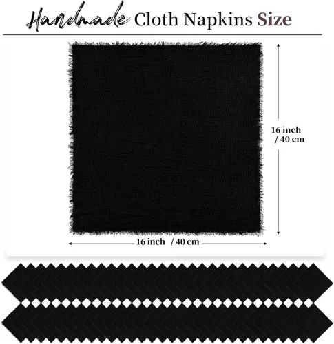 Vista 2 de Paquete de 60 servilletas de tela hechas a mano con flecos, servilletas de lino de algodón negro, servilletas de cena de algodón rústico suave
