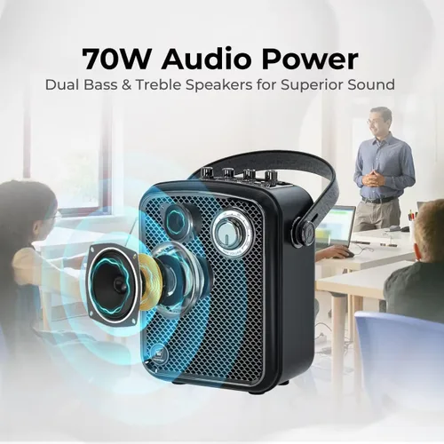 Vista 2 de Amplificador de voz con 2 micrófonos inalámbricos, altavoz Bluetooth portátil de 70 W con micrófono, sistema de altavoces PA pequeño, máquina
