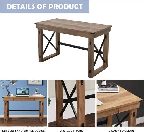 Vista 4 de LOKATSE HOME Mesa moderna para computadora para oficina en casa, escritorio de madera y metal con cajón, natural