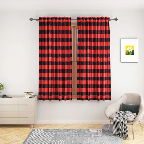 Vista 44 de UPOPO Cortinas de ventana Buffalo Check 122 cm de largo, cortinas de algodón para sala de estar, paneles de cortina a cuadros para dormitorio