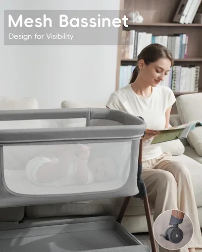 Vista 6 de Cuna para bebé - Cuna para dormir al lado de la cama, Cunas al lado de la cama 3-en-1 para bebé, Cuna con movimiento, con colchón cómodo, ruedas