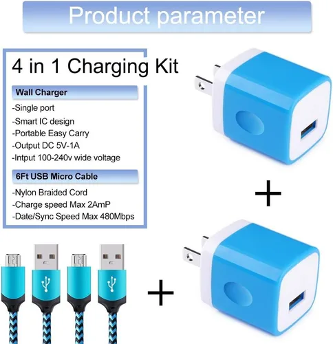 Vista 2 de Cargador de teléfono Android, paquete de 4 adaptadores de corriente de 1A/5 V con cable micro USB de nailon trenzado de carga rápida de 6 pies