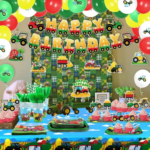 Vista 6 de Suministros de fiesta de tractores servicios de vajilla para 20 invitados decoraciones de fiesta de cumpleaños de tractor suministros de fiesta