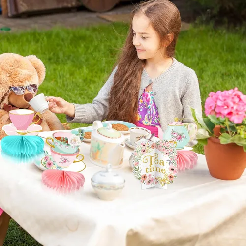 Vista 5 de 12 piezas de decoración de fiesta de té, tetera floral, centros de mesa de panal de abeja, decoración de mesa de fiesta de té para princesa
