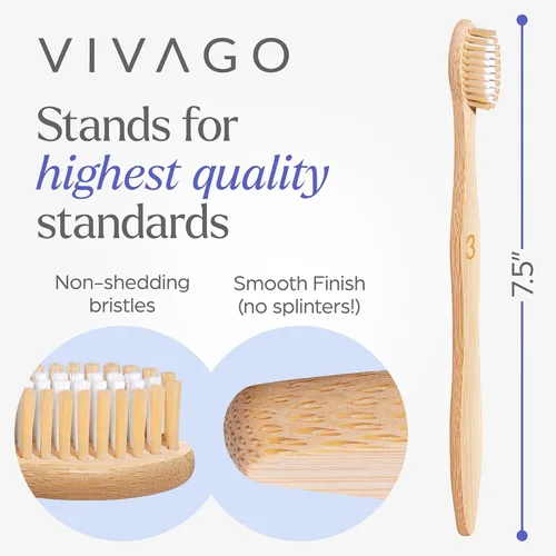 Vista 5 de VIVAGO Cepillos de dientes de bambú con cerdas medianas, 10 unidades, sin BPA, cepillos de dientes de cerdas medianas para adultos, ecológicos