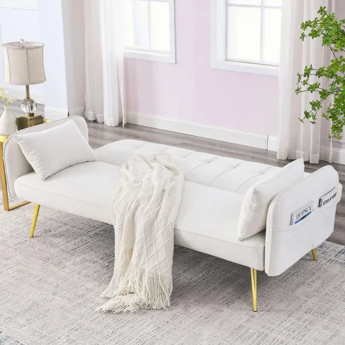 Vista 7 de HMFULE Sofá cama convertible con patas de madera maciza, tela de lino, moderno sofá futón tapizado ajustable para espacio de vida compacto, azul