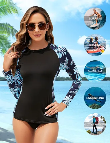 Vista 6 de Zamowoty Traje de baño de manga larga para mujer, estampado de protección solar UV, para surf, esnórquel, pesca