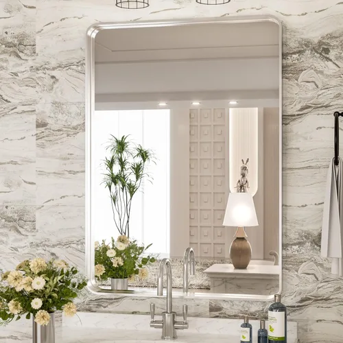 Vista 51 de TokeShimi Espejo de pared de baño de níquel cepillado de 20 x 30 pulgadas, marco de metal, esquina redonda, rectangular, para decoración del hogar