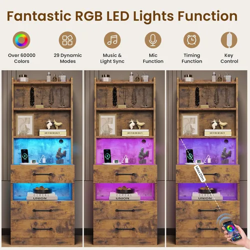 Vista 5 de VIAGDO Juego de 2 mesitas de noche altas con estación de carga y luces LED, juego de 2 mesitas de noche marrón rústico con estantería, mesas