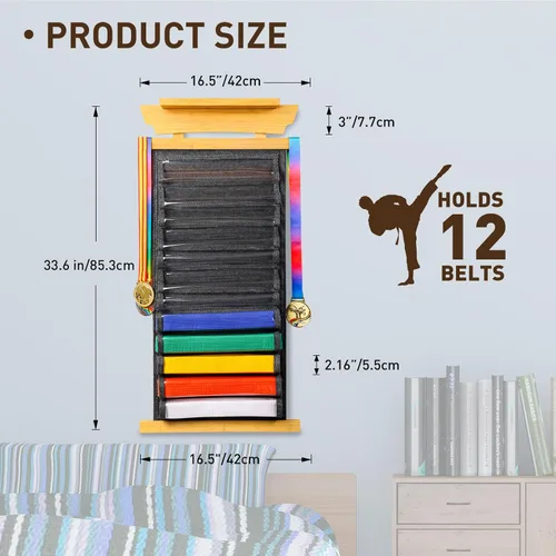 Vista 2 de Tilhumt 10/12 Belts Karate Belt Display Rack with Photo Shelf, Felt Taekwondo Belt Display Rack Martial Arts Belt Display for Adults TKD, BJJ