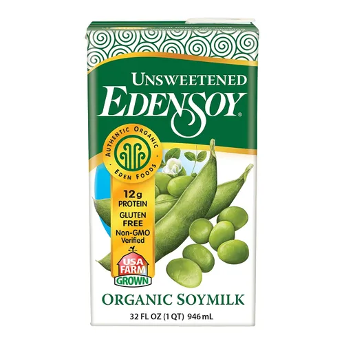 Edensoy Leche de soya orgánica sin endulzar Eden, sin OMG, leche de soya (soja) entera de EE. UU., sin lácteos, vegana, natural, no perecedera, 32 oz
