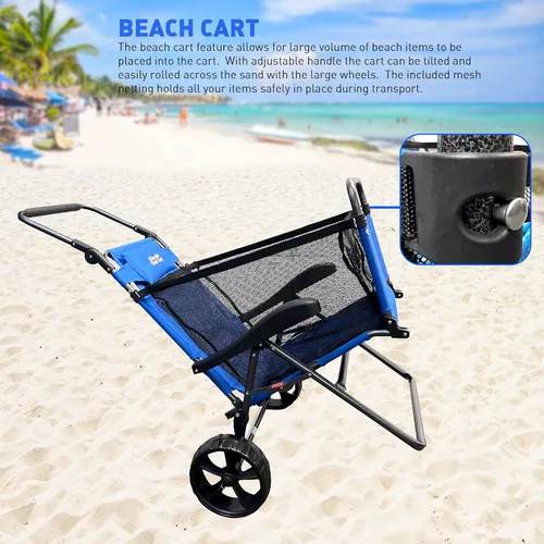 Vista 2 de Silla de carrito de playa – 2 en 1 gira de silla a carrito – Ruedas grandes – Fácil de usar – Gran capacidad – Color azul