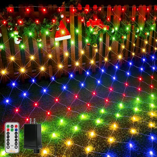 Vista 10 de Ollny Red de Luces para Exteriores Luz de Malla, 210LED 10x7 pies Cable Verde Luces de Red de Navidad, IP67 Impermeable, 8 Modos Enchufe Luz