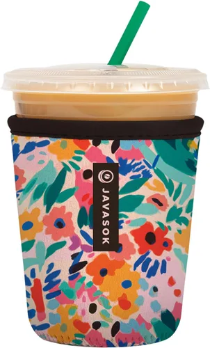 Sok It JavaSok Funda aislante de neopreno para tazas de café helado y soda fría (Floral abstracto, Pequeño: 16-20oz)