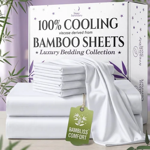 Vista 9 de SLEEP SANCTUARY 100% viscosa orgánica derivada de sábanas de bambú, tamaño individual, 4 piezas, ultra suave y refrescante, bolsillo profundo de 17