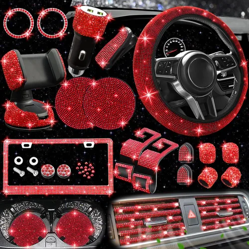 Vista 16 de NBTEPEM - Juego de 27 accesorios brillantes de automóvil para mujer, funda de volante de ajuste universal de 15'', marco para placa, soporte