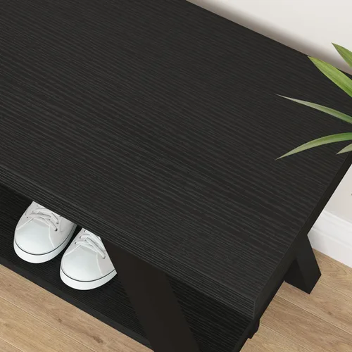 Vista 4 de LVB Banco Negro, Banco de Almacenamiento Moderno para Dormitorio, Banco de Madera y Metal para Entrada de Pasillo, Comedor, Sala de Estar, Banco