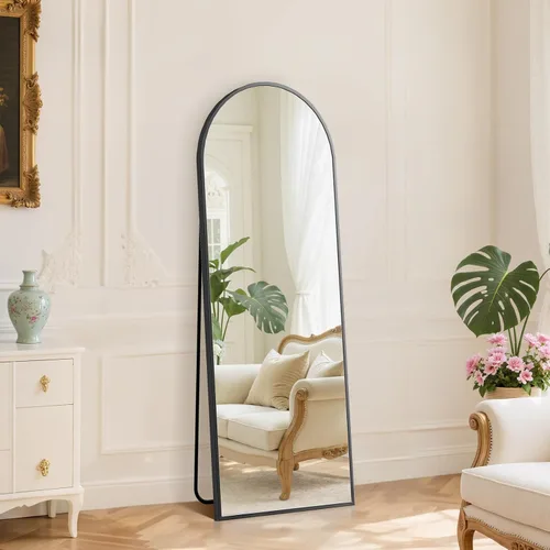 Vista 24 de DUMOS - Espejo de pie arqueado de cuerpo completo con soporte, marco de aluminio, para colgar o apoyar, nanocristal inastillable, para decorar