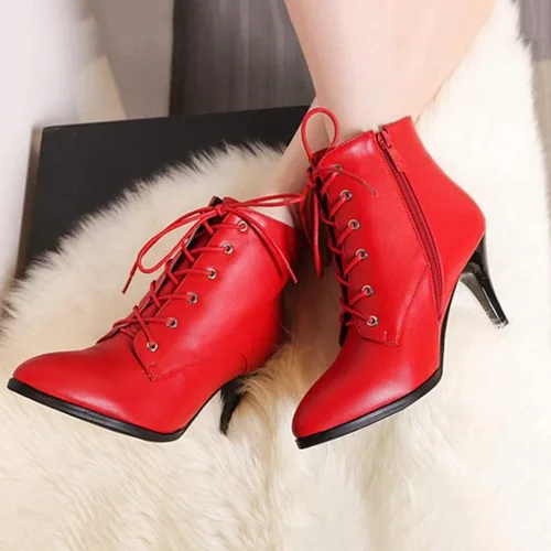 Vista 4 de MIOKE Botas de tobillo de tacón de aguja para mujer, botas puntiagudas con cordones y cremallera, botas cortas