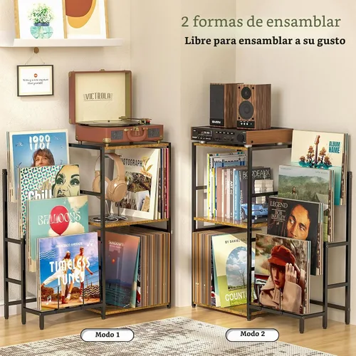 Vista 3 de Soporte para tocadiscos, mesa para tocadiscos con almacenamiento de vinilos de 4 niveles, almacenamiento para tocadiscos de hasta 200+ álbumes