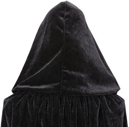 Vista 2 de YOLSUN Capa negra de bruja con capucha para mujer, capa de terciopelo con capucha para Halloween y cosplay