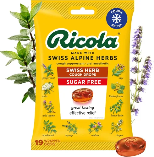 Ricola Swiss Herb - Gotas para la tos sin azúcar con mentol, alivio de la tos y el dolor de garganta, 19 unidades, pastillas para la garganta a base