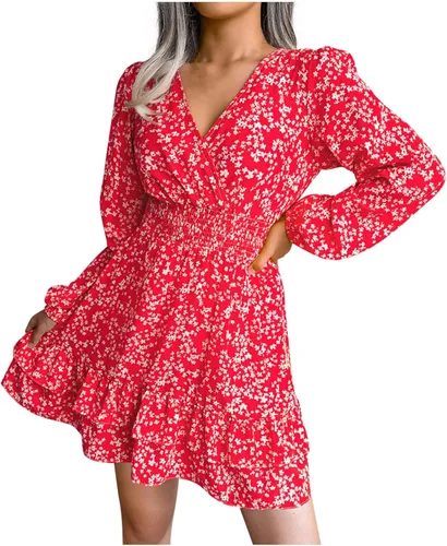 Vestidos de noche plisados para mujer, vestido de cóctel con flores, cómodo, clásico, delgado, manga larga, cuello en V
