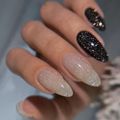 Vista 15 de Uñas postizas a presión medianas con punta francesa de almendra SWEKKE color rosa, cobertura completa, uñas postizas con pegamento rosa y purpurina