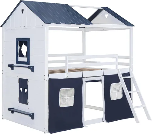 Vista 272 de Cama de casa de tamaño individual con elegantes ventanas y estantería, litera con diseño de castillo de madera con barandillas de seguridad