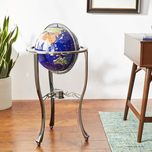 Vista 5 de Unique Art - Globo del mundo de lapislázuli azul de 36 x 13 pulgadas con trípode plateado