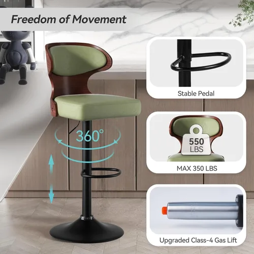 Vista 29 de Nalupatio Juego de 3 taburetes de bar con altura ajustable de 24.5 a 33.5 pulgadas, taburetes de bar giratorios de madera curvada con respaldo