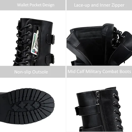 Vista 5 de Vepose Botas de combate militares de 28 a media pantorrilla para mujer con bolsillo tipo billetera para cuchillo de tarjetas