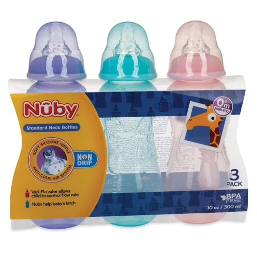 Vista 8 de Nuby Botellas de cuello estándar antigoteo, 10 onzas, los colores pueden variar, paquete de 3 botellas