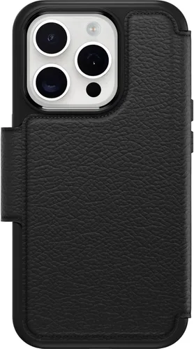 Vista 2 de OtterBox Funda Strada Folio Series para iPhone 15 Pro (solamente), color negro (negro), tarjetero, broches a presión a MagSafe, piel auténtica, apta