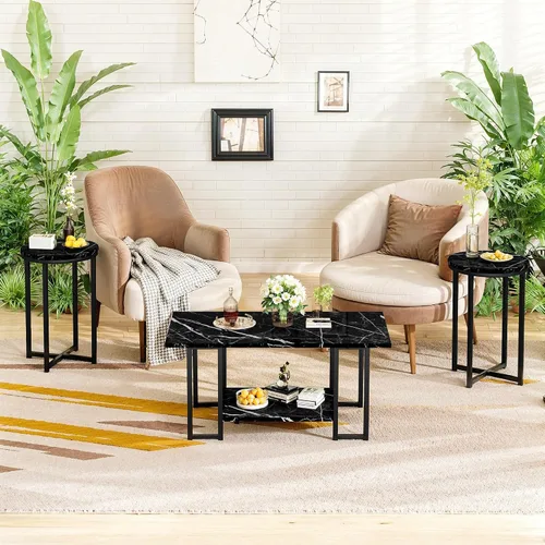 Vista 5 de Lamerge Juego de 3 mesas para sala de estar, mesa de café de mármol sintético con 2 mesas auxiliares redondas, juego de mesa de café con estructura