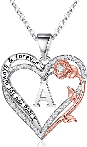 Memorjew Regalos de corazón rosa para mujer, plata de ley 925, collar con dije de corazón con letra inicial de corazón, regalo de cumpleaños para