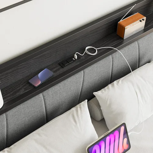 Vista 31 de BOFENG Base de cama de tamaño matrimonial con cabecera de almacenamiento, estación de carga USB, plataforma de metal resistente, marco de cama doble