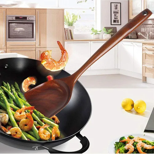 Vista 9 de FJNATINH Juego de herramientas de cuchara de espátula de madera para wok, espátula de wok de teca de mango largo de 14 pulgadas