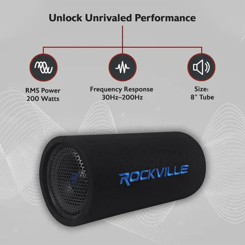 Vista 2 de Rockville RTB80A, subwoofer de bajos alimentado de 8 pulgadas y 400 W, forma de tubo con entrada mp3