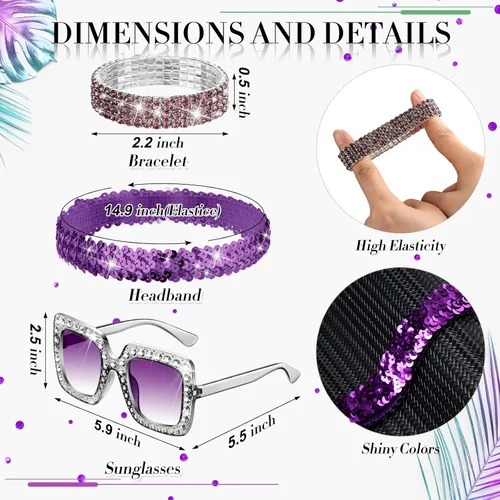 Vista 4 de Sasylvia 5 piezas de accesorios de discoteca de los años 70 para Halloween, mujer, bisutería, bufanda, aretes, lentes de sol, pulsera, diadema