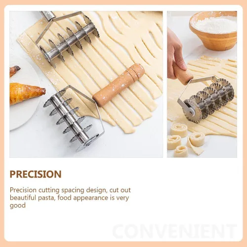 Vista 4 de Hemoton Cortador de masa de acero inoxidable con mango de madera, cortador de celosía rodante para pastelería, pizza, pan y hornear galletas, 8.07 x