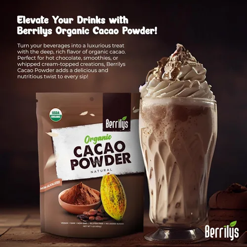 Vista 4 de Berrilys Cacao en polvo, 16 onzas, no alcalinizado, orgánico certificado USDA, cacao natural, súper alimentos