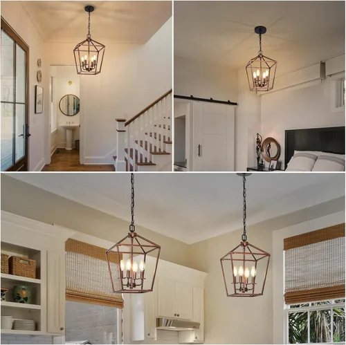 Vista 6 de Candelabro para comedor, accesorios de candelabro rústico de 4 luces, luz de techo vintage con altura ajustable, luz colgante geométrica antigua