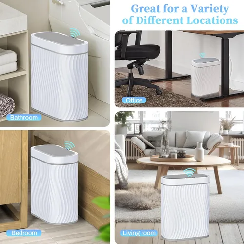 Vista 20 de Cubo de basura pequeño para baño con tapa automática sin contacto, bote de basura inteligente de 2.6 galones, contenedor de basura estrecho e